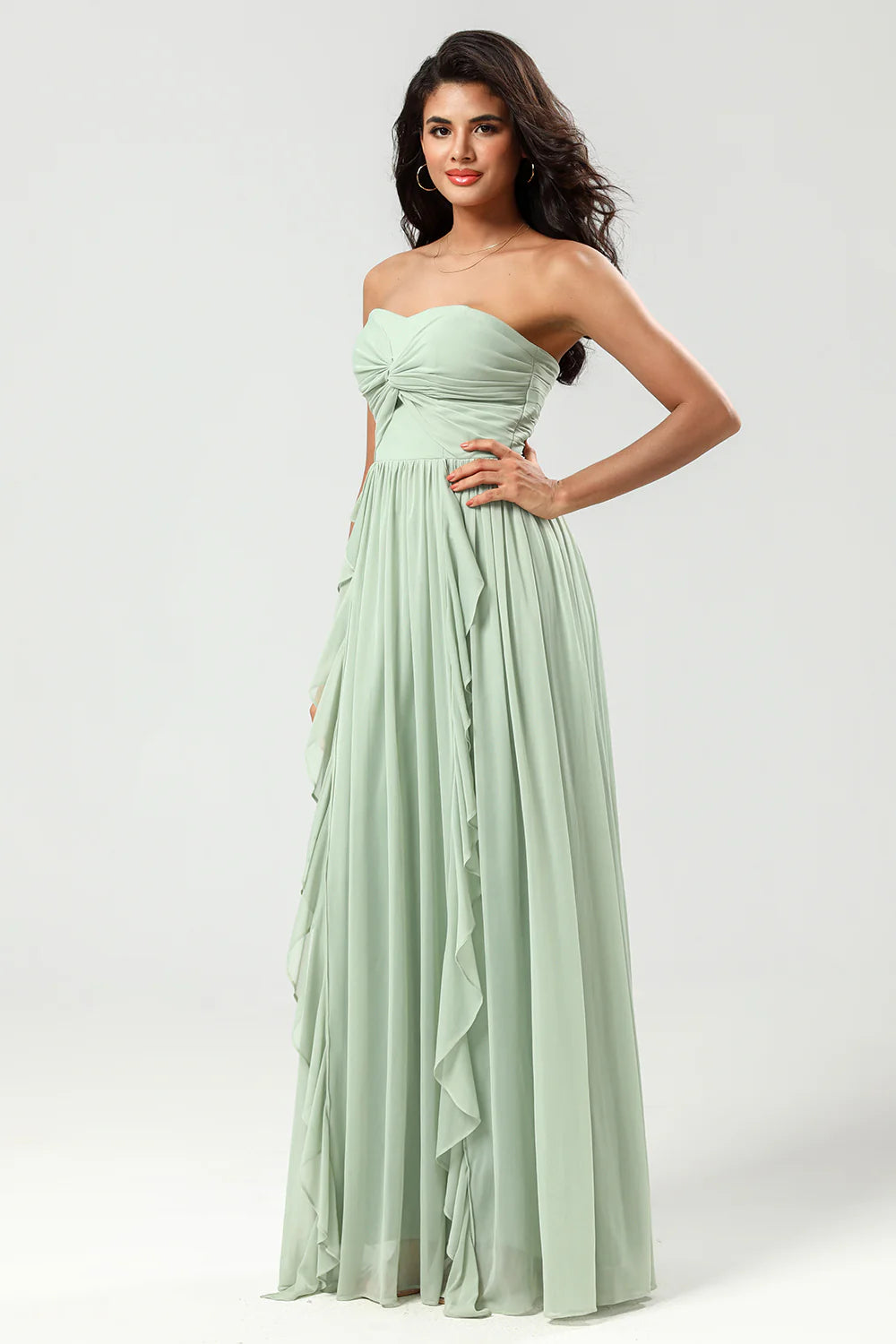 Elegant Romantic Fitted A-Line Strapless Back Zipper Floor-Length Ruffled Evening Dresses