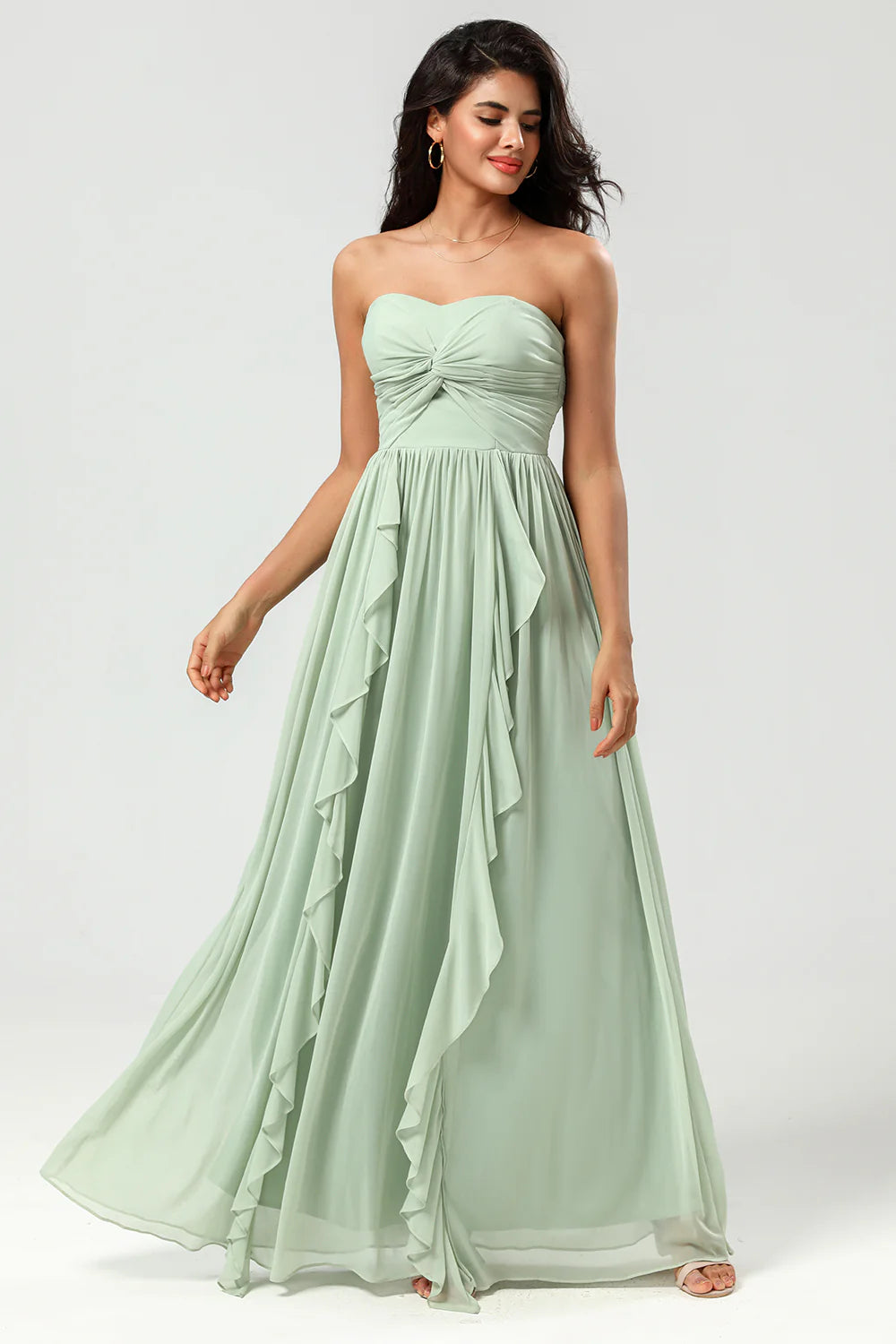 Elegant Romantic Fitted A-Line Strapless Back Zipper Floor-Length Ruffled Evening Dresses