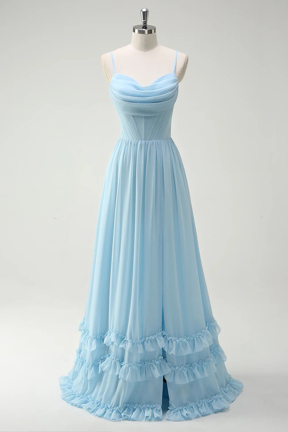Elegant Romantic Flowy A-Line Cowl Neck Spaghetti Strap Lace-Up Back Ruffled Tiered High-Slit Floor-Length Chiffon Evening Dress