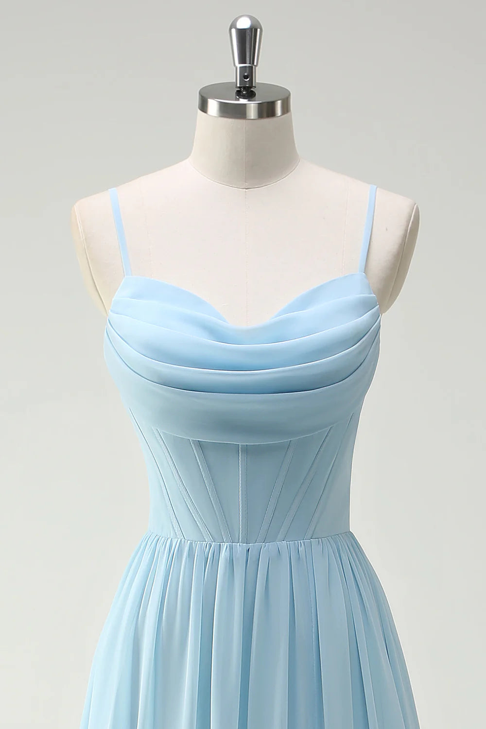 Elegant Romantic Flowy A-Line Cowl Neck Spaghetti Strap Lace-Up Back Ruffled Tiered High-Slit Floor-Length Chiffon Evening Dress
