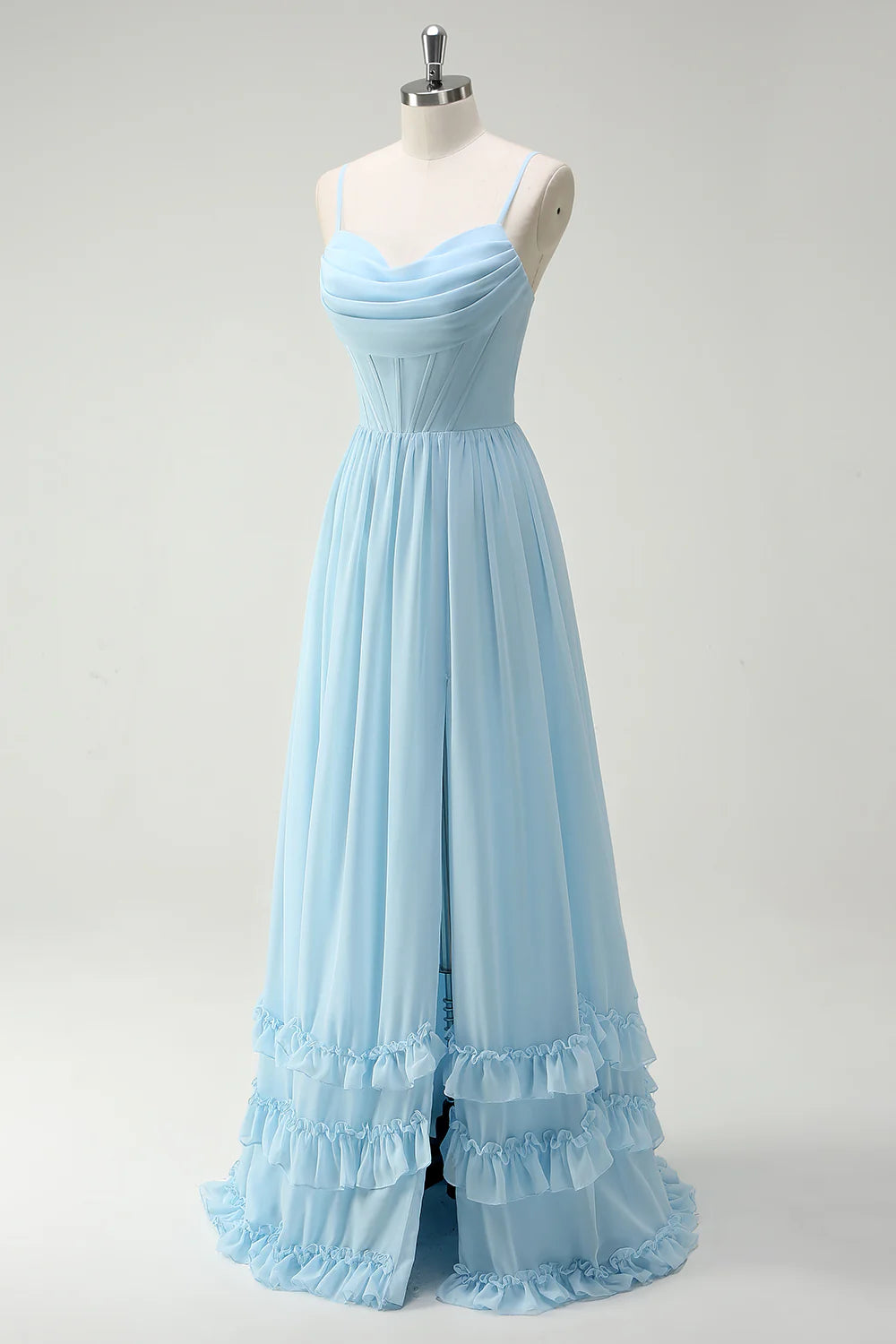 Elegant Romantic Flowy A-Line Cowl Neck Spaghetti Strap Lace-Up Back Ruffled Tiered High-Slit Floor-Length Chiffon Evening Dress