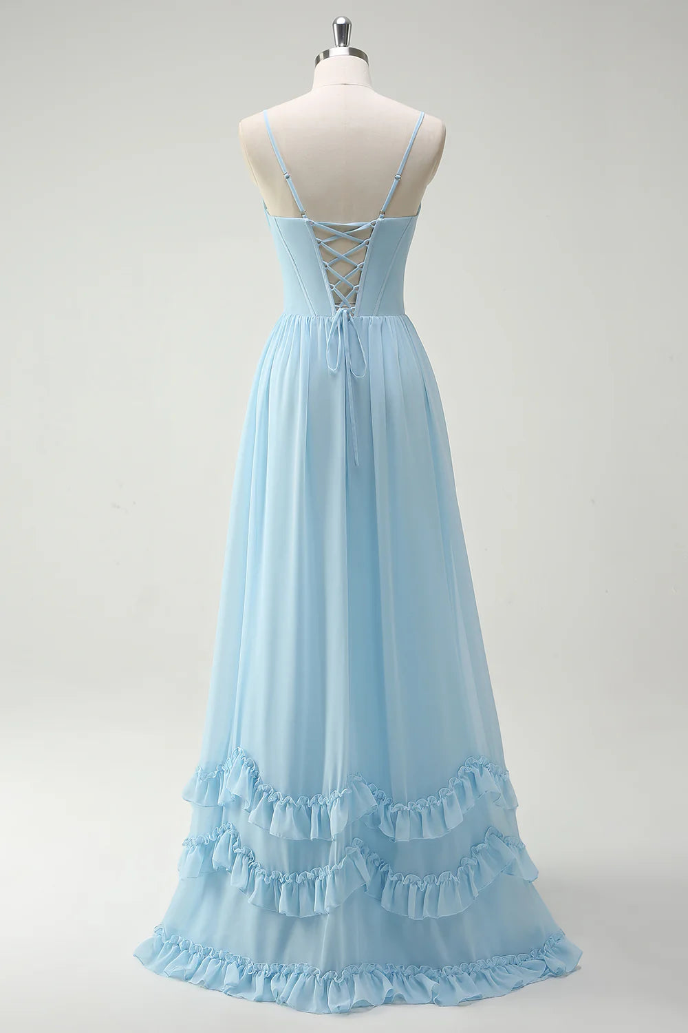 Elegant Romantic Flowy A-Line Cowl Neck Spaghetti Strap Lace-Up Back Ruffled Tiered High-Slit Floor-Length Chiffon Evening Dress