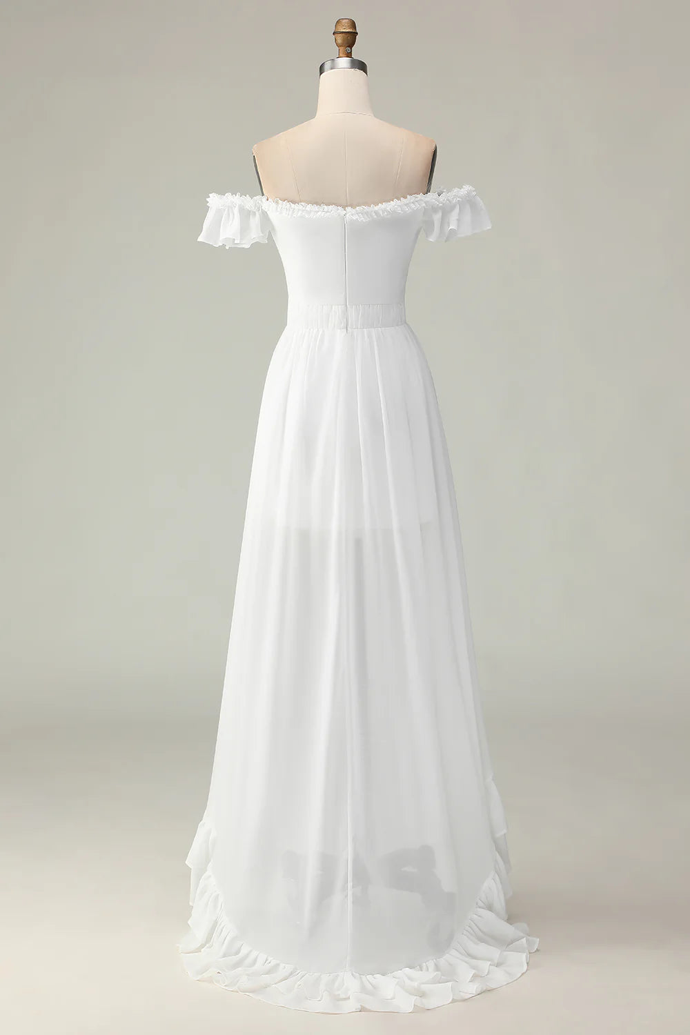 Elegant Romantic Flowy A-Line Off-the-Shoulder Ruffled Short Sleeve Lace-Up Back High-Low Evening Dress