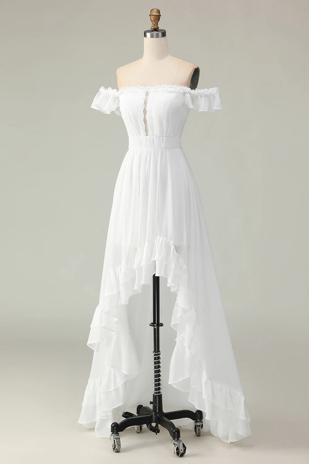 Elegant Romantic Flowy A-Line Off-the-Shoulder Ruffled Short Sleeve Lace-Up Back High-Low Evening Dress