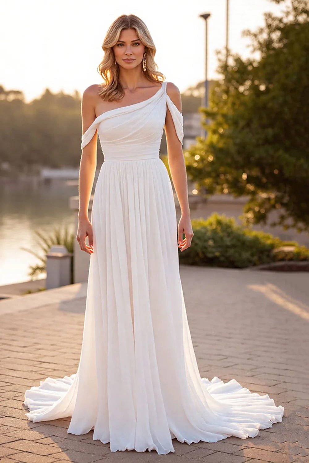 Elegant Romantic Flowy A-Line One-Shoulder Cold Shoulder Deep V Back Ruched Waist Train Floor-Length Chiffon Wedding Evening Dress