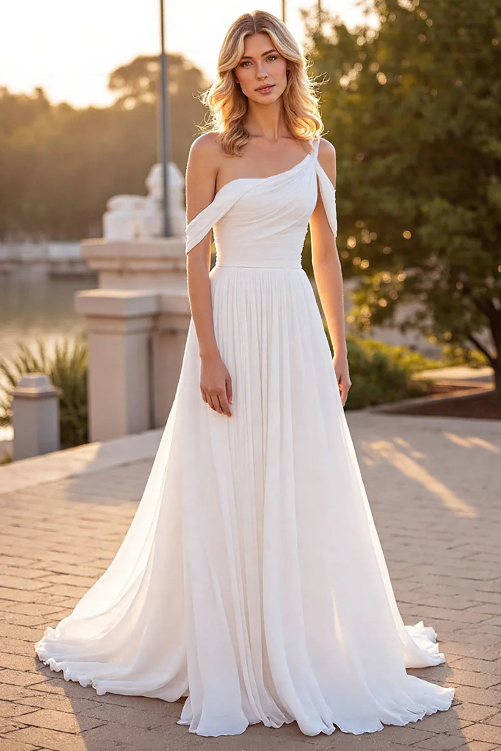 Elegant Romantic Flowy A-Line One-Shoulder Cold Shoulder Deep V Back Ruched Waist Train Floor-Length Chiffon Wedding Evening Dress