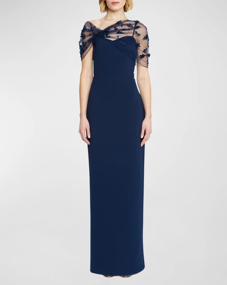 Elegant Romantic Navy Blue Column Silhouette Asymmetrical Neck Sheer Tulle Capelet Floral Appliqué Floor-Length Evening Dress