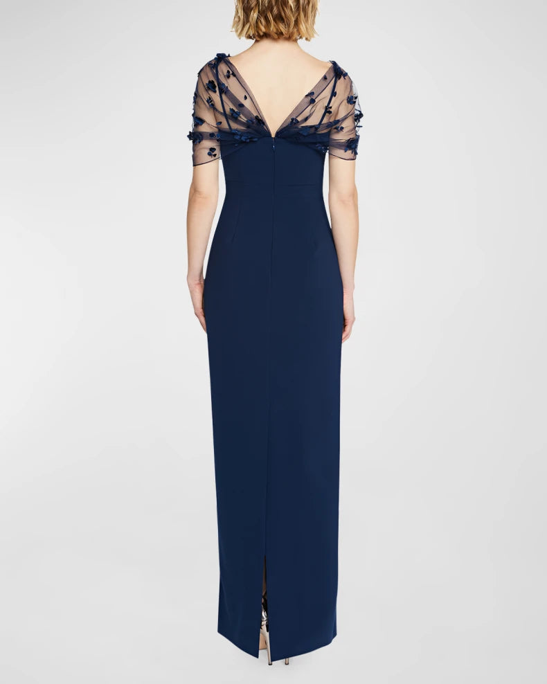 Elegant Romantic Navy Blue Column Silhouette Asymmetrical Neck Sheer Tulle Capelet Floral Appliqué Floor-Length Evening Dress