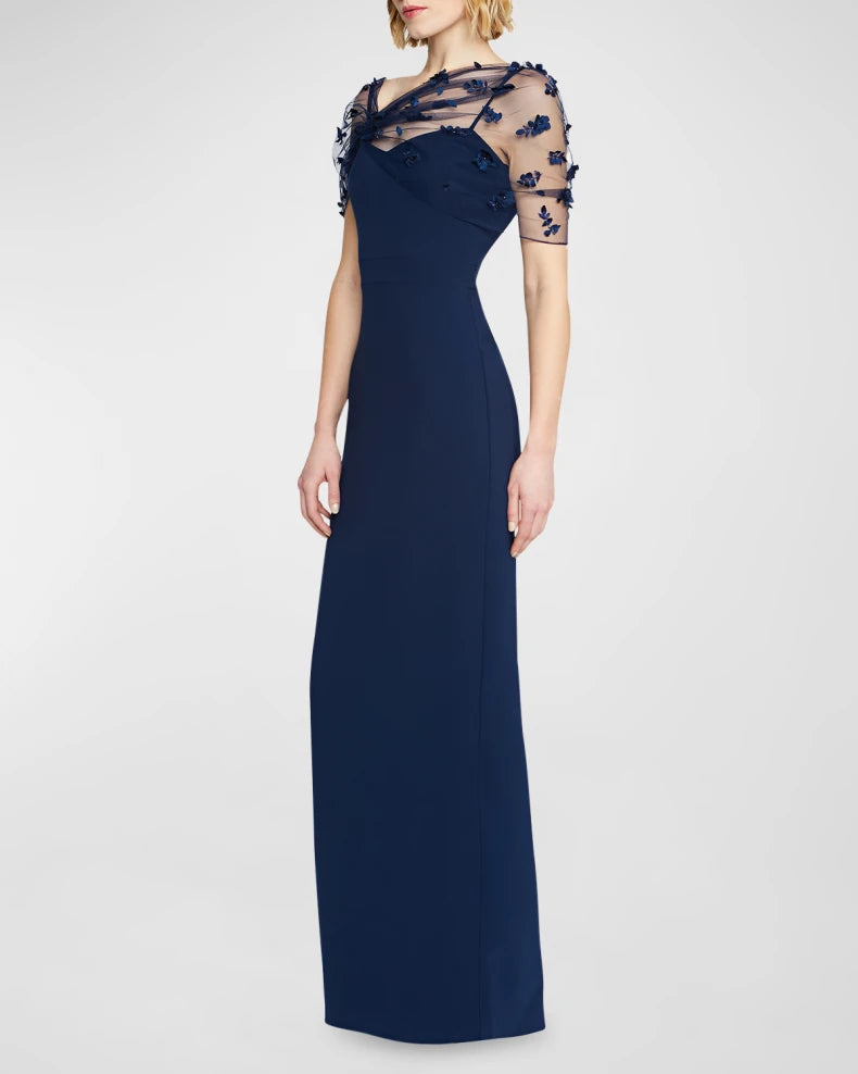 Elegant Romantic Navy Blue Column Silhouette Asymmetrical Neck Sheer Tulle Capelet Floral Appliqué Floor-Length Evening Dress