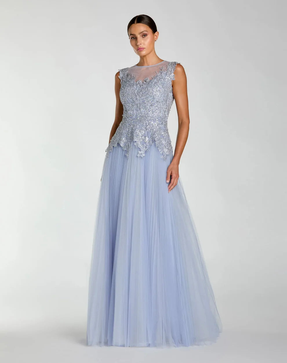 Elegant Romantic Round Neck Cap Sleeve Beaded Open Back Tulle Maxi Evening Dress