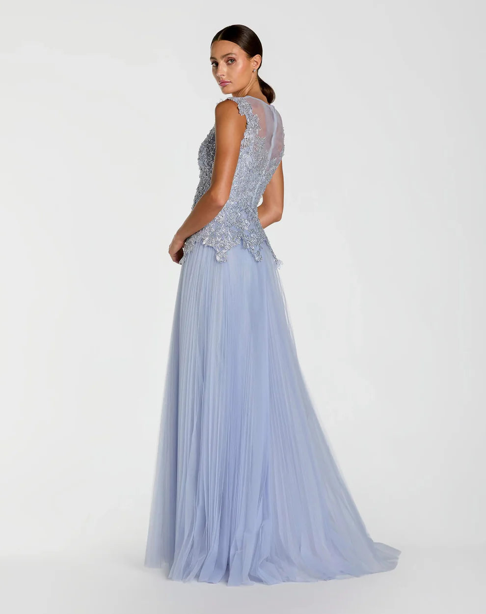 Elegant Romantic Round Neck Cap Sleeve Beaded Open Back Tulle Maxi Evening Dress