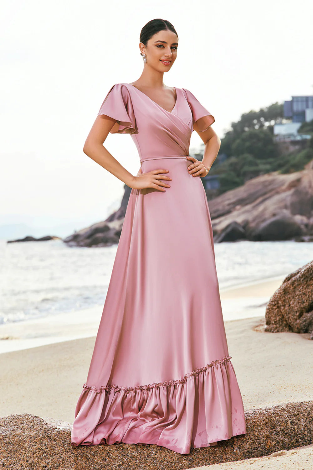 Elegant Romantic Soft Flowy A-Line V Neck Ruffled Short Sleeve Deep V Back Ruffled Hem Floor-Length Satin Evening Dress