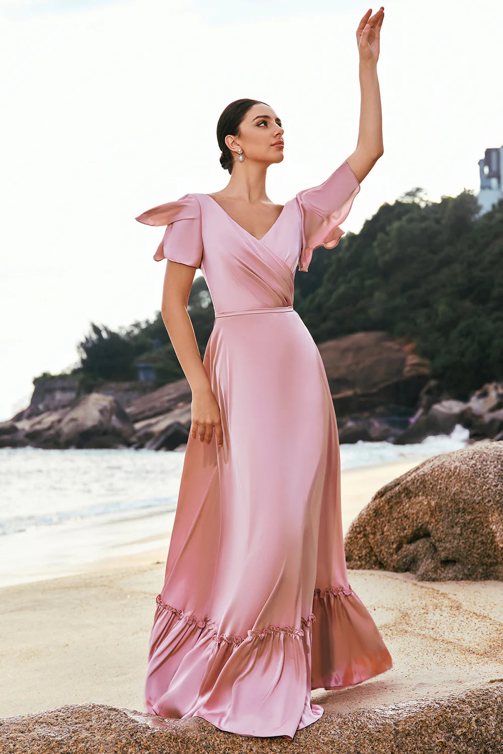 Elegant Romantic Soft Flowy A-Line V Neck Ruffled Short Sleeve Deep V Back Ruffled Hem Floor-Length Satin Evening Dress