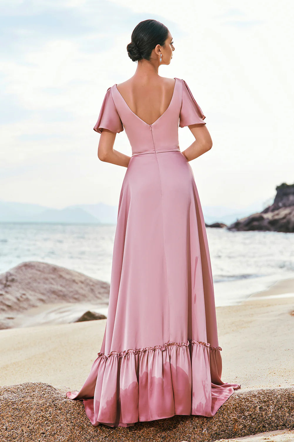 Elegant Romantic Soft Flowy A-Line V Neck Ruffled Short Sleeve Deep V Back Ruffled Hem Floor-Length Satin Evening Dress
