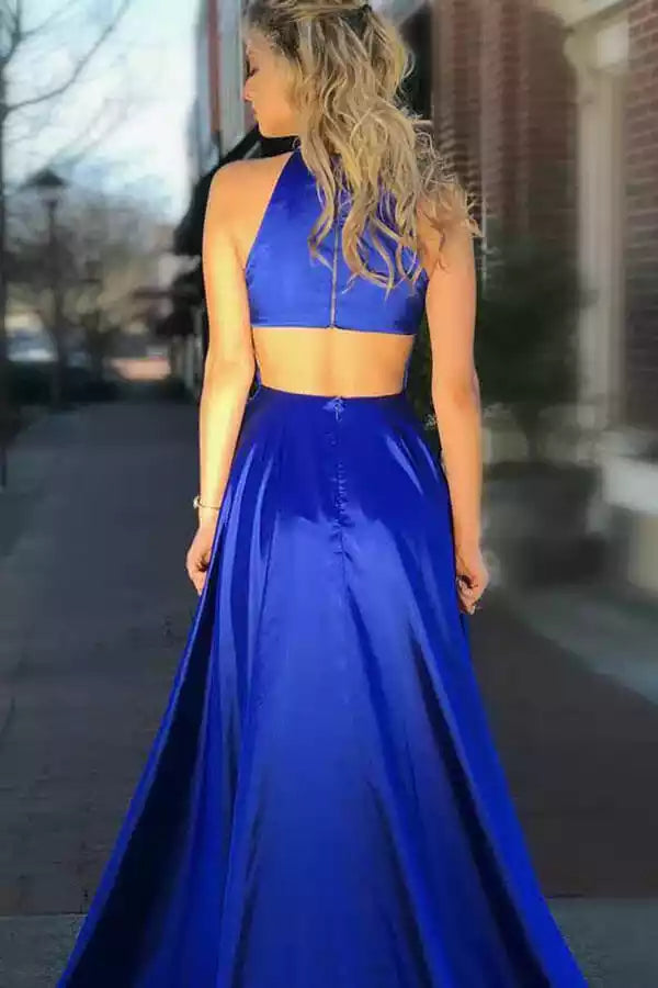 Elegant Royal Blue Satin A-Line Gown with Halter Neck & Cutout Back