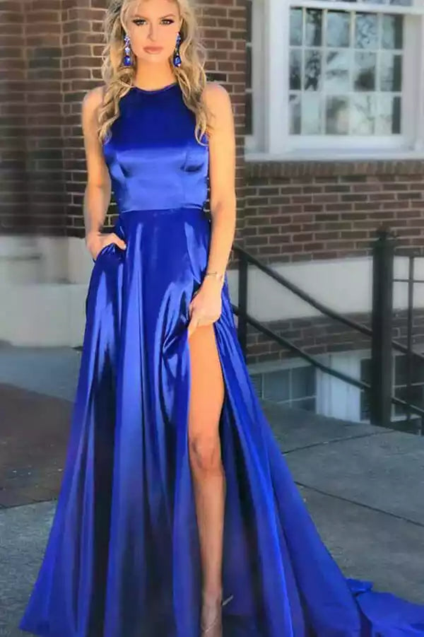 Elegant Royal Blue Satin A-Line Gown with Halter Neck & Cutout Back