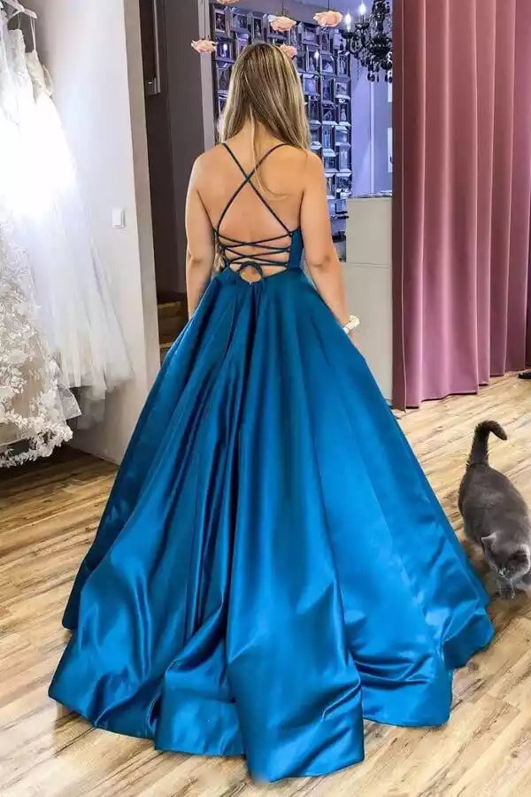 Elegant Royal Blue Satin Ball Gown with Square Neck & Criss-Cross Back
