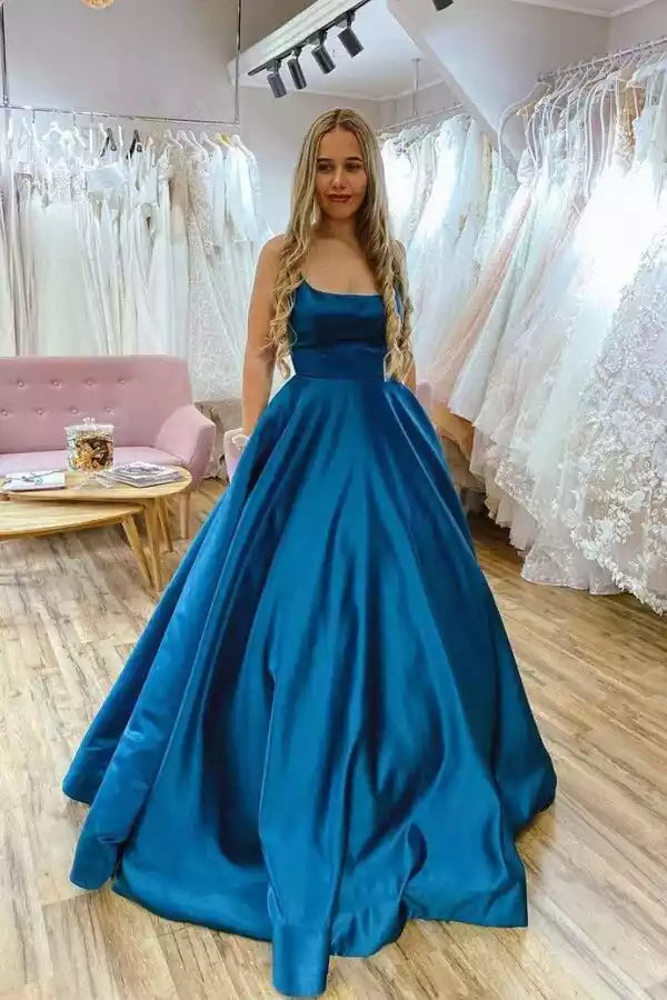Elegant Royal Blue Satin Ball Gown with Square Neck & Criss-Cross Back