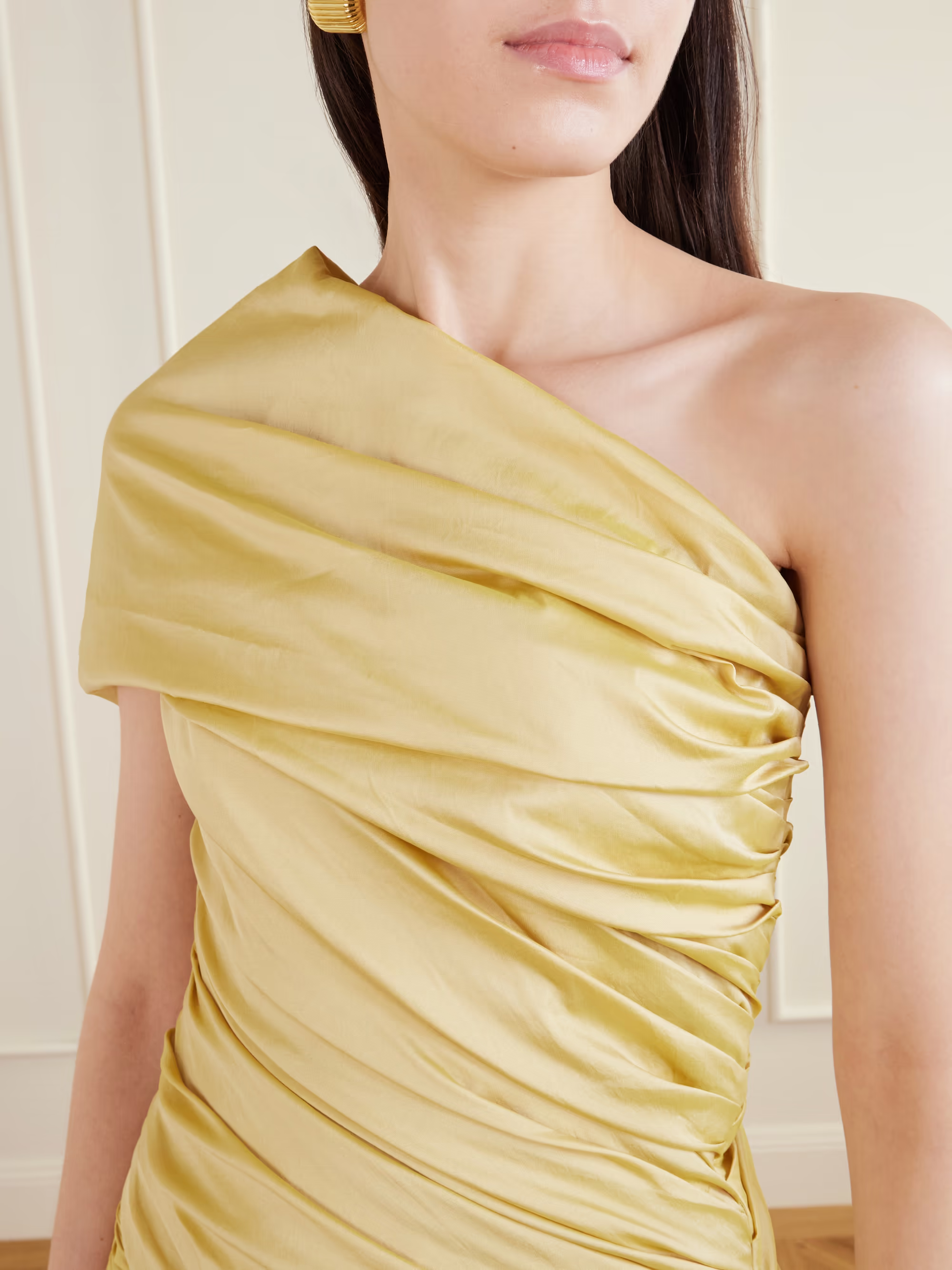 Elegant Ruched Ball Gown One Shoulder Asymmetrical Sleeve Open Back Floor Length Formal Evening Dress