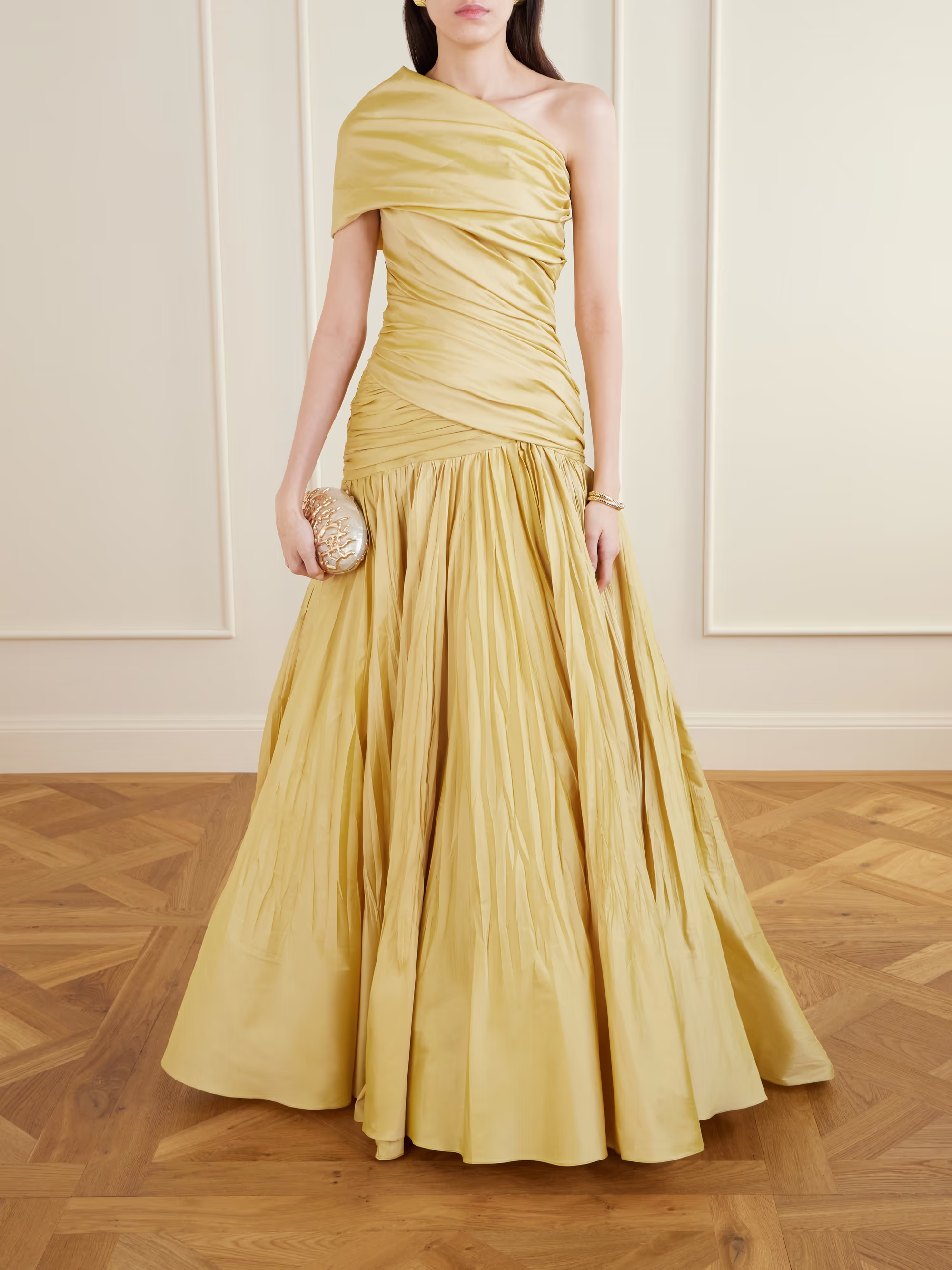 Elegant Ruched Ball Gown One Shoulder Asymmetrical Sleeve Open Back Floor Length Formal Evening Dress