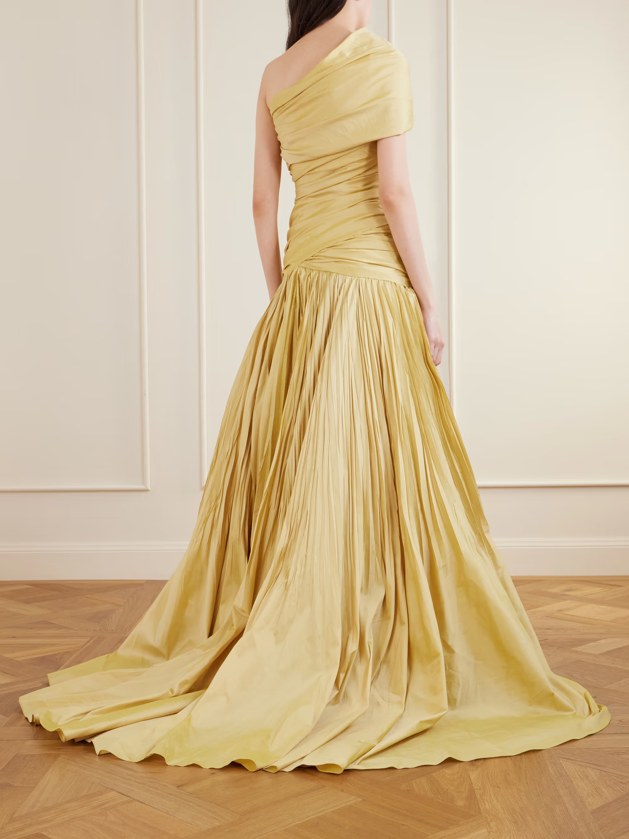 Elegant Ruched Ball Gown One Shoulder Asymmetrical Sleeve Open Back Floor Length Formal Evening Dress