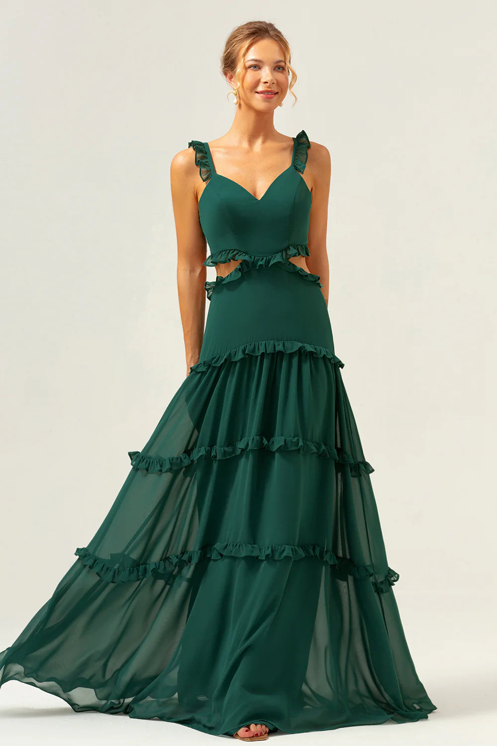 Elegant Ruffle Strap Evening Dress with Waist Cutout and Tiered Ruffle Chiffon Skirt