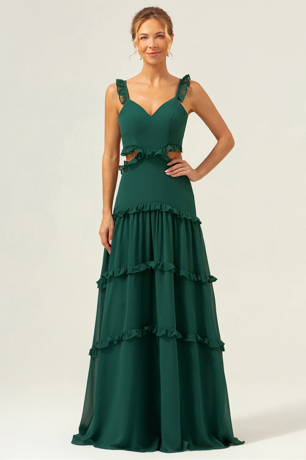 Elegant Ruffle Strap Evening Dress with Waist Cutout and Tiered Ruffle Chiffon Skirt