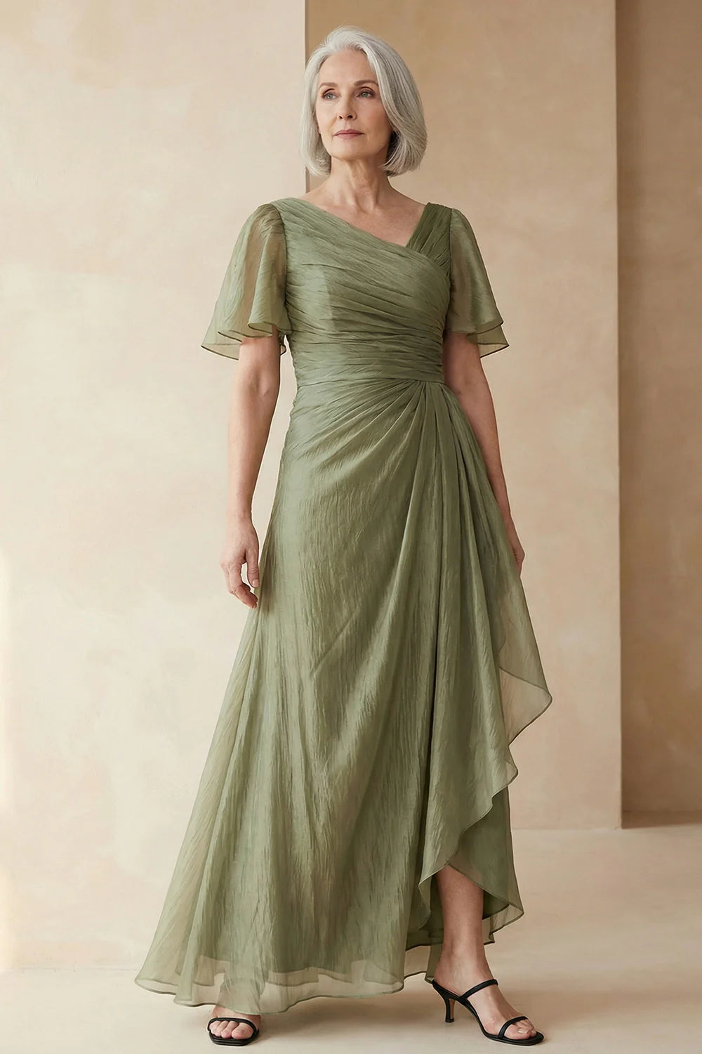 Elegant Sage Chiffon A-Line Asymmetrical Neck Flutter Sleeve Ruched Waist Maxi Mother of the Bride Dresses