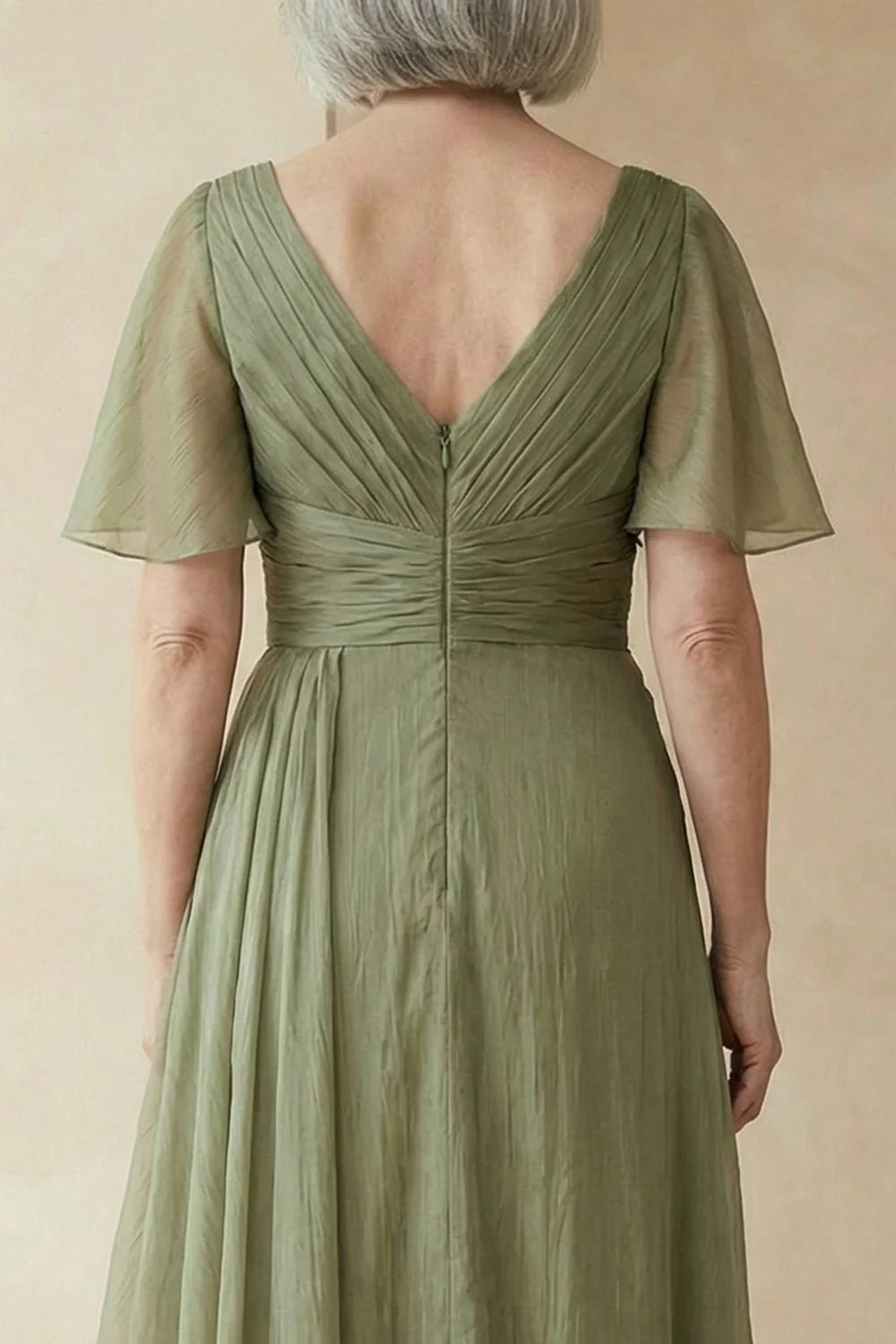 Elegant Sage Chiffon A-Line Asymmetrical Neck Flutter Sleeve Ruched Waist Maxi Mother of the Bride Dresses