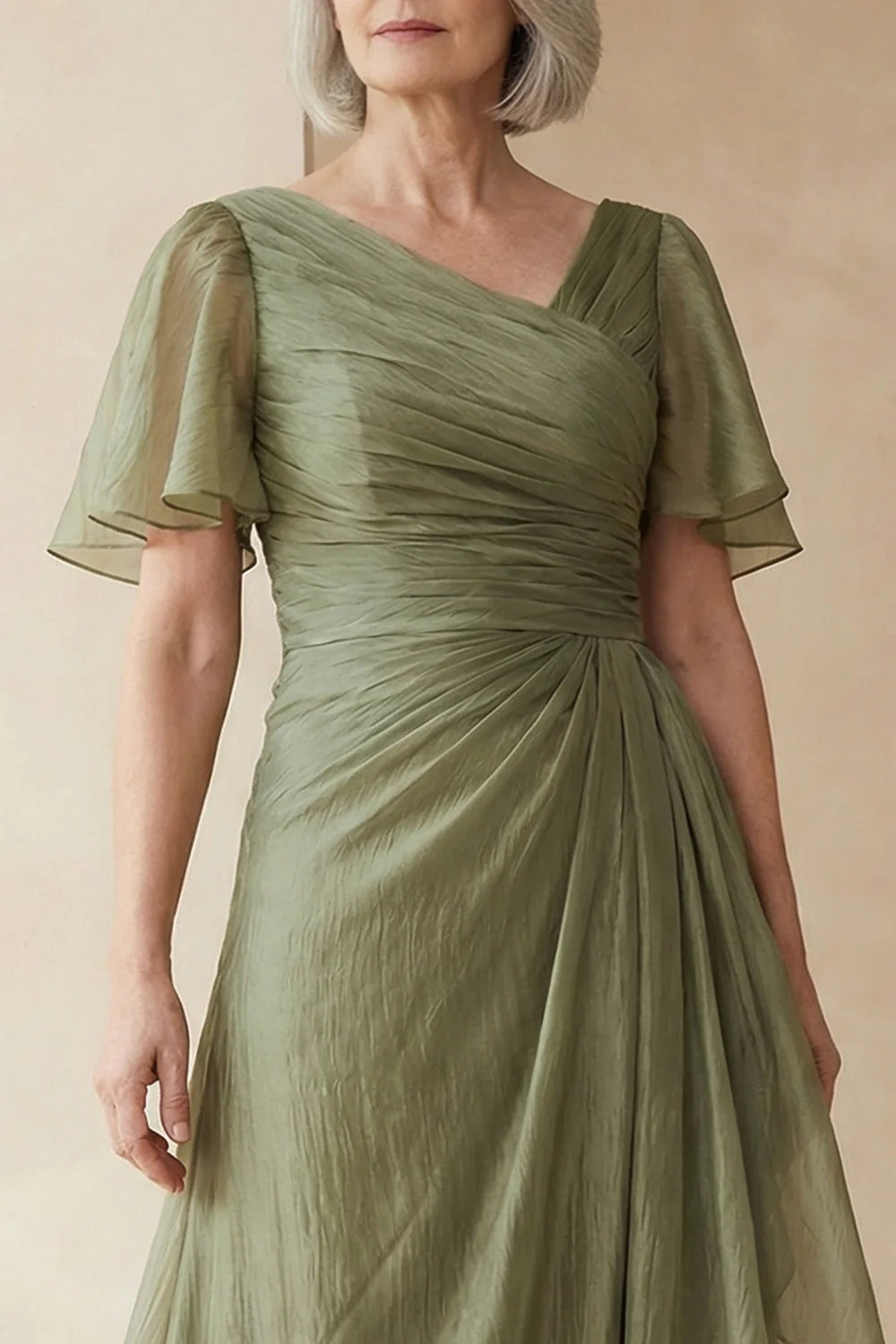 Elegant Sage Chiffon A-Line Asymmetrical Neck Flutter Sleeve Ruched Waist Maxi Mother of the Bride Dresses
