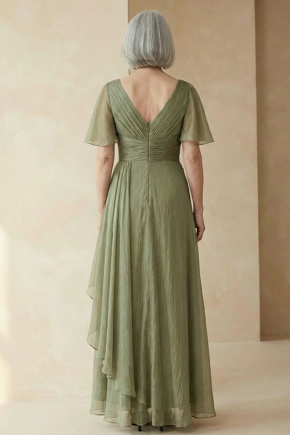 Elegant Sage Chiffon A-Line Asymmetrical Neck Flutter Sleeve Ruched Waist Maxi Mother of the Bride Dresses