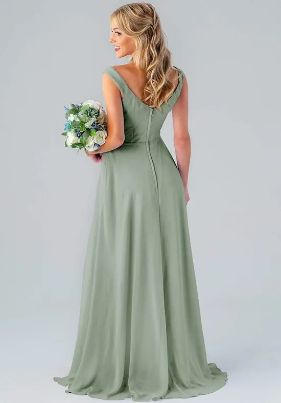 Elegant Sage Green Chiffon A-Line Off-the-Shoulder Floor-Length Bridesmaid Dress