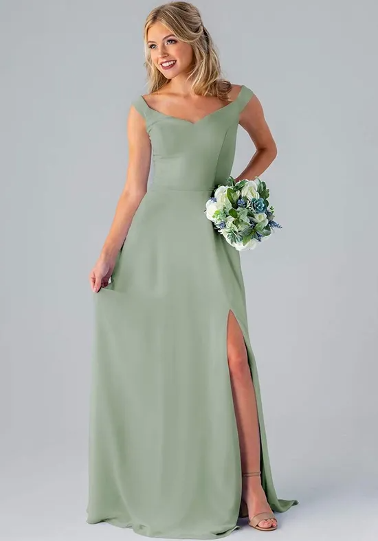 Elegant Sage Green Chiffon A-Line Off-the-Shoulder Floor-Length Bridesmaid Dress