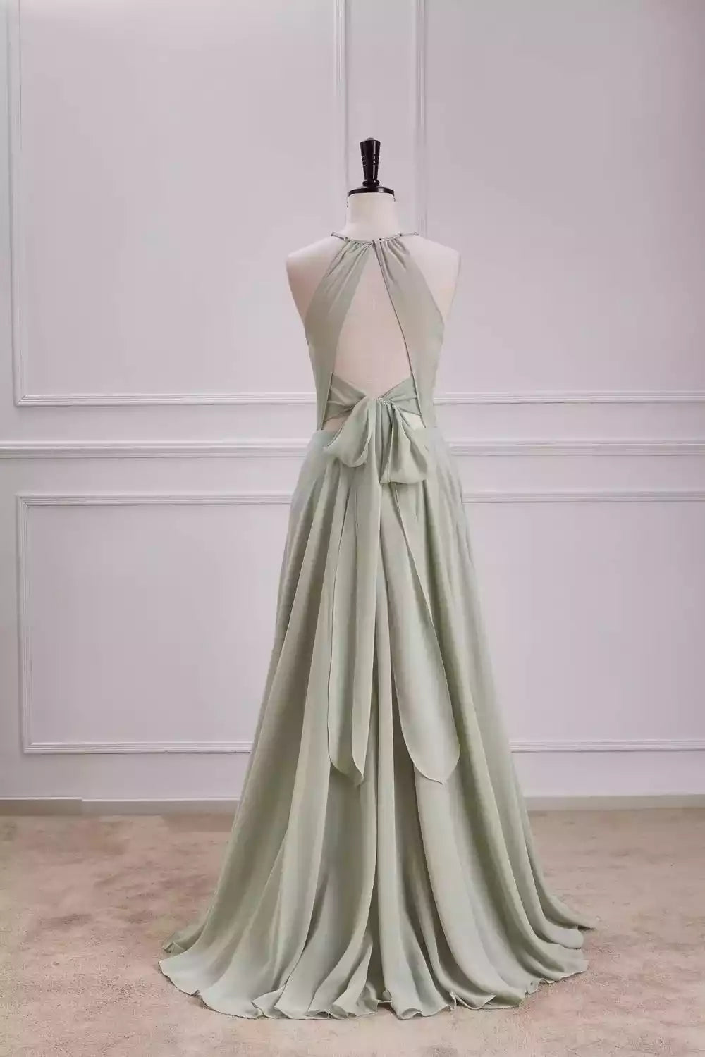 Elegant Sage Green Chiffon Halter Gown with Tie-Back & High Slit