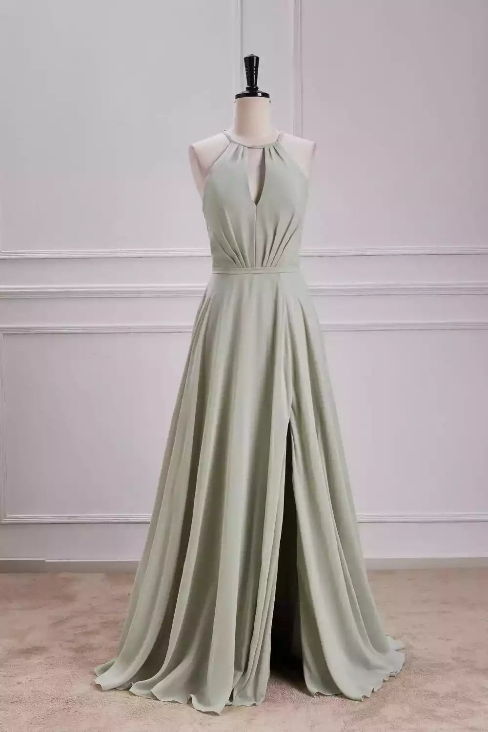 Elegant Sage Green Chiffon Halter Gown with Tie-Back & High Slit