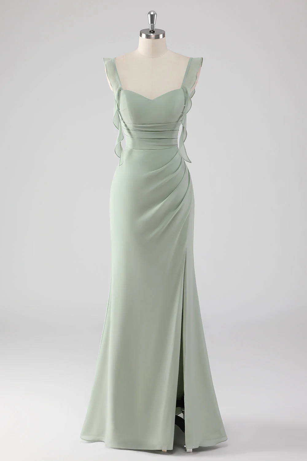 Elegant Sage Green Mermaid Evening Dress with Ruffle Straps and Lace-Up Back