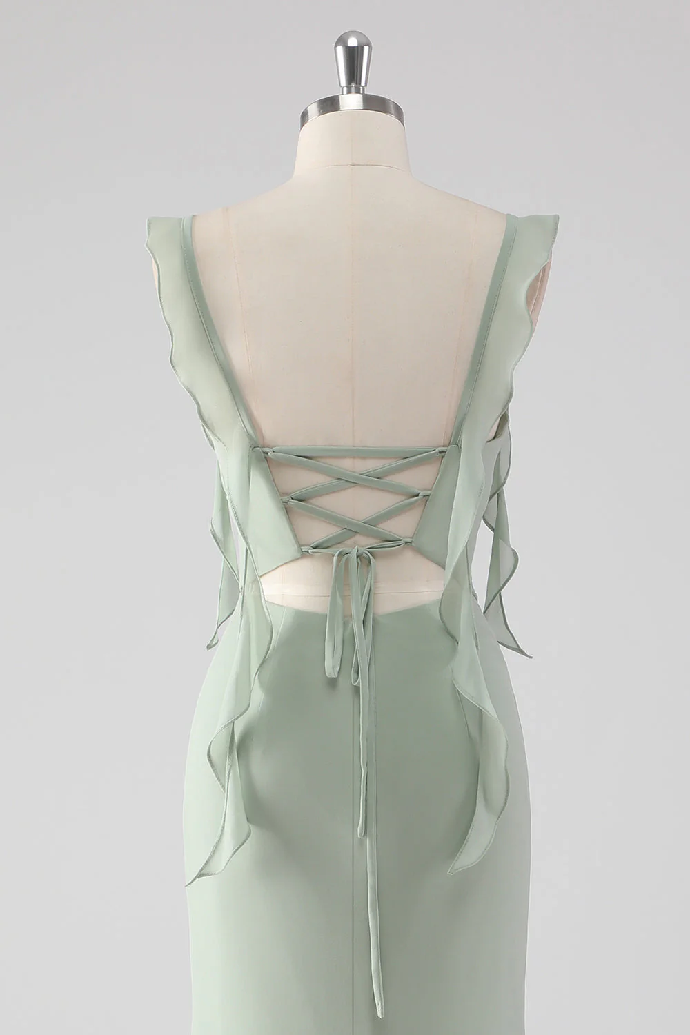 Elegant Sage Green Mermaid Evening Dress with Ruffle Straps and Lace-Up Back
