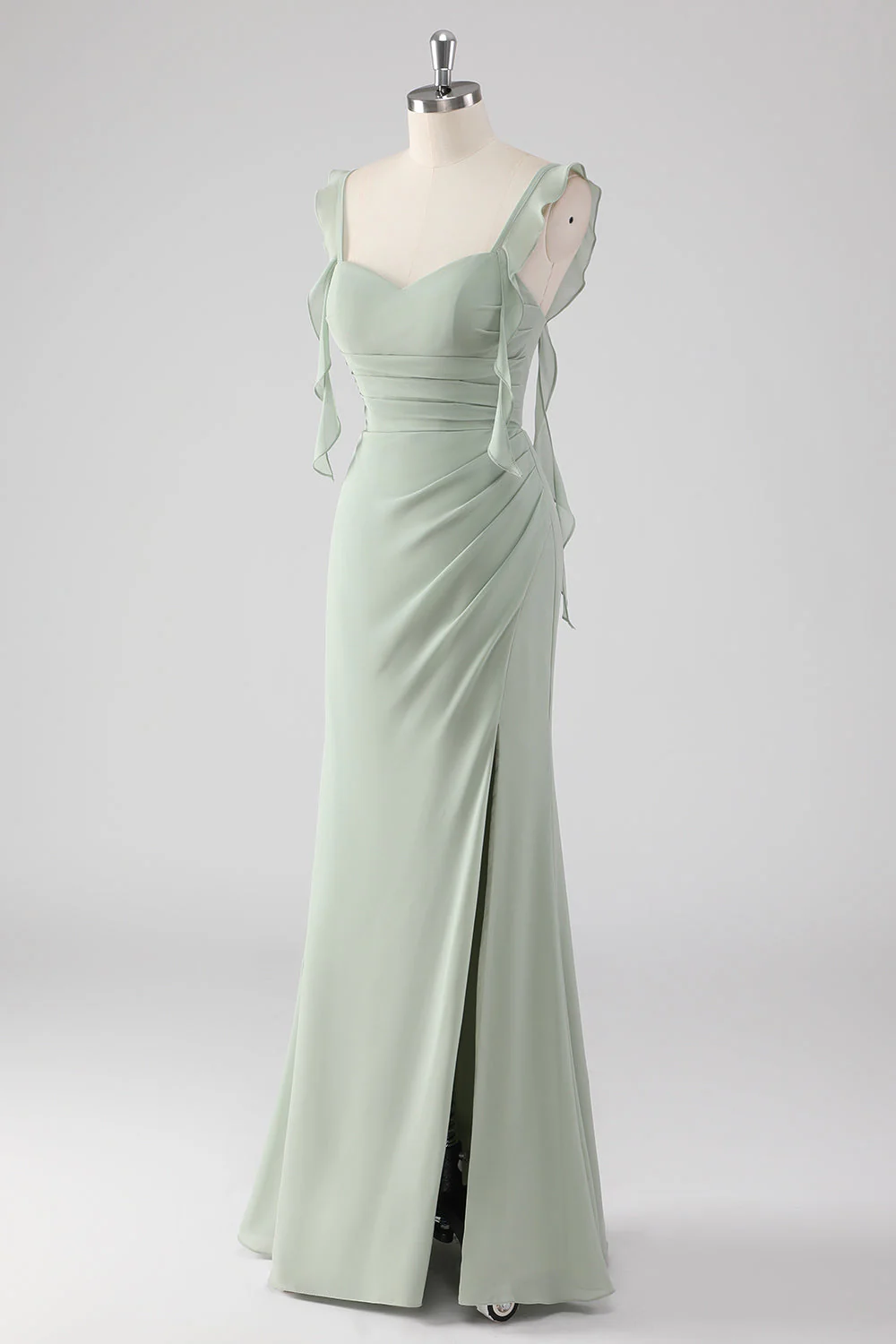 Elegant Sage Green Mermaid Evening Dress with Ruffle Straps and Lace-Up Back