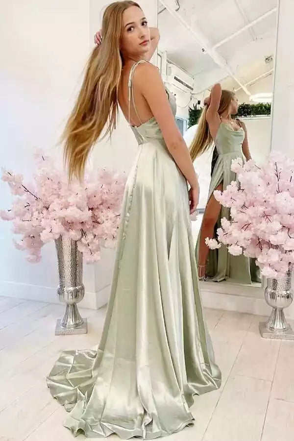 Elegant Sage Green Satin A-Line Prom Gown with Cowl Neck & High Slit