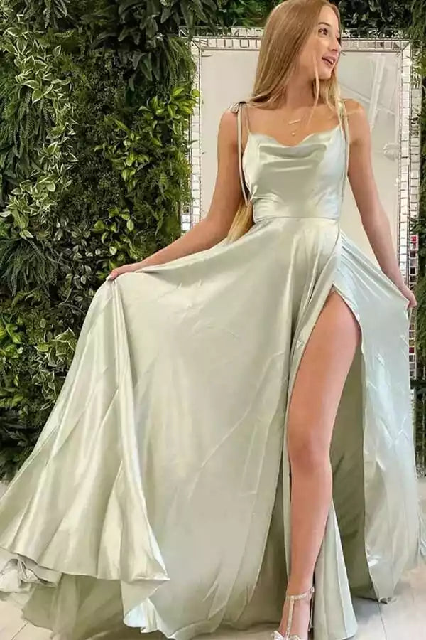Elegant Sage Green Satin A-Line Prom Gown with Cowl Neck & High Slit