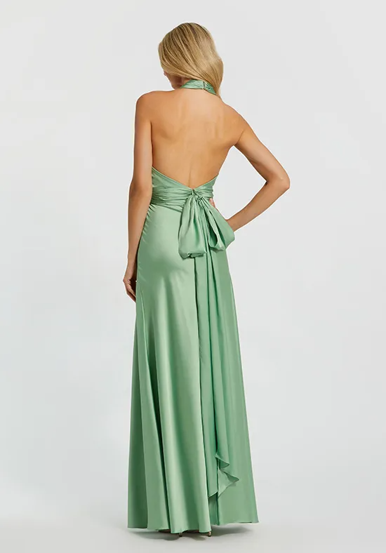 Elegant Sage Green Satin Halter-Neck Bridesmaid Dress with Bow Detail