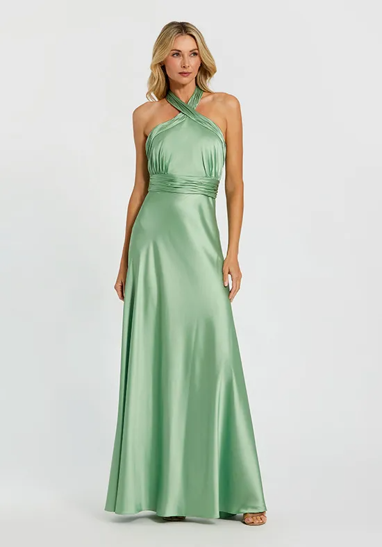 Elegant Sage Green Satin Halter-Neck Bridesmaid Dress with Bow Detail