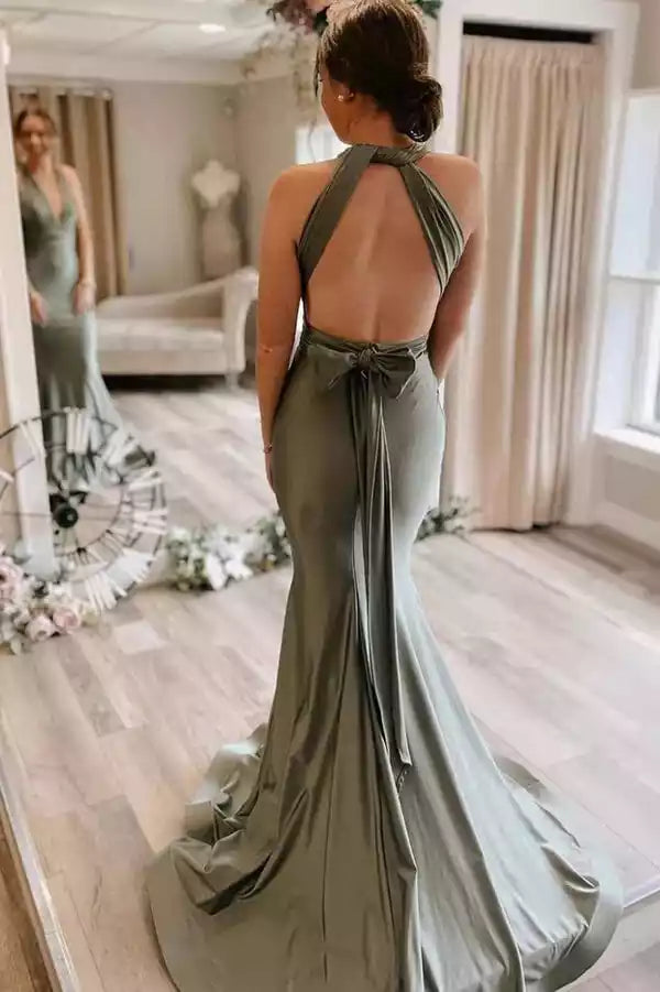 Elegant Sage Green Satin Mermaid Gown with Halter Neck & Open Back