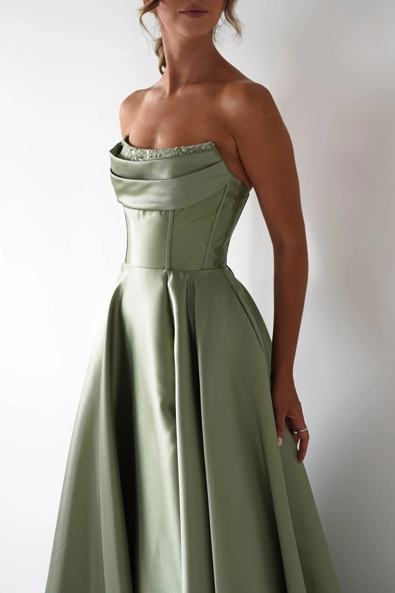 Elegant Sage Green Satin Strapless Cowl Neck Lace-Up Back A-Line Evening Dresses