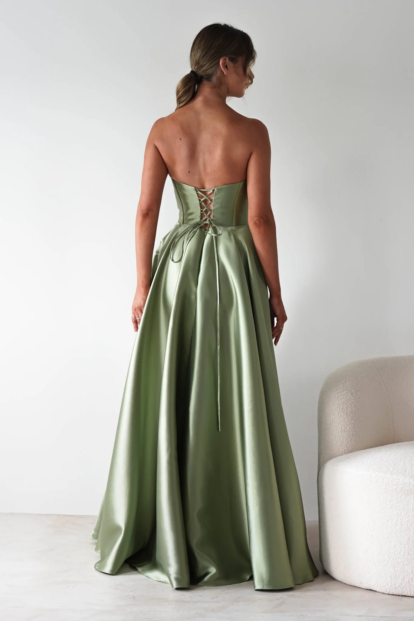 Elegant Sage Green Satin Strapless Cowl Neck Lace-Up Back A-Line Evening Dresses