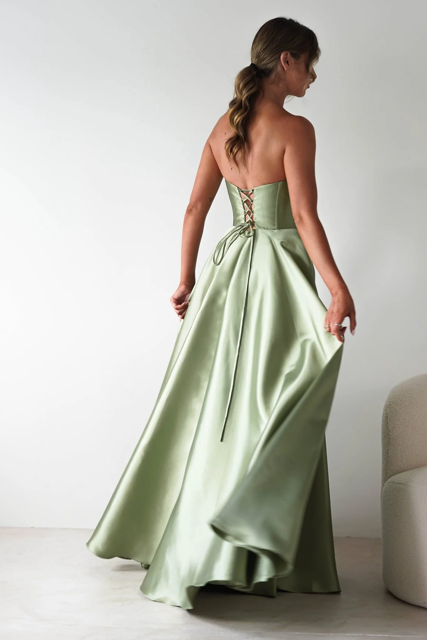 Elegant Sage Green Satin Strapless Cowl Neck Lace-Up Back A-Line Evening Dresses