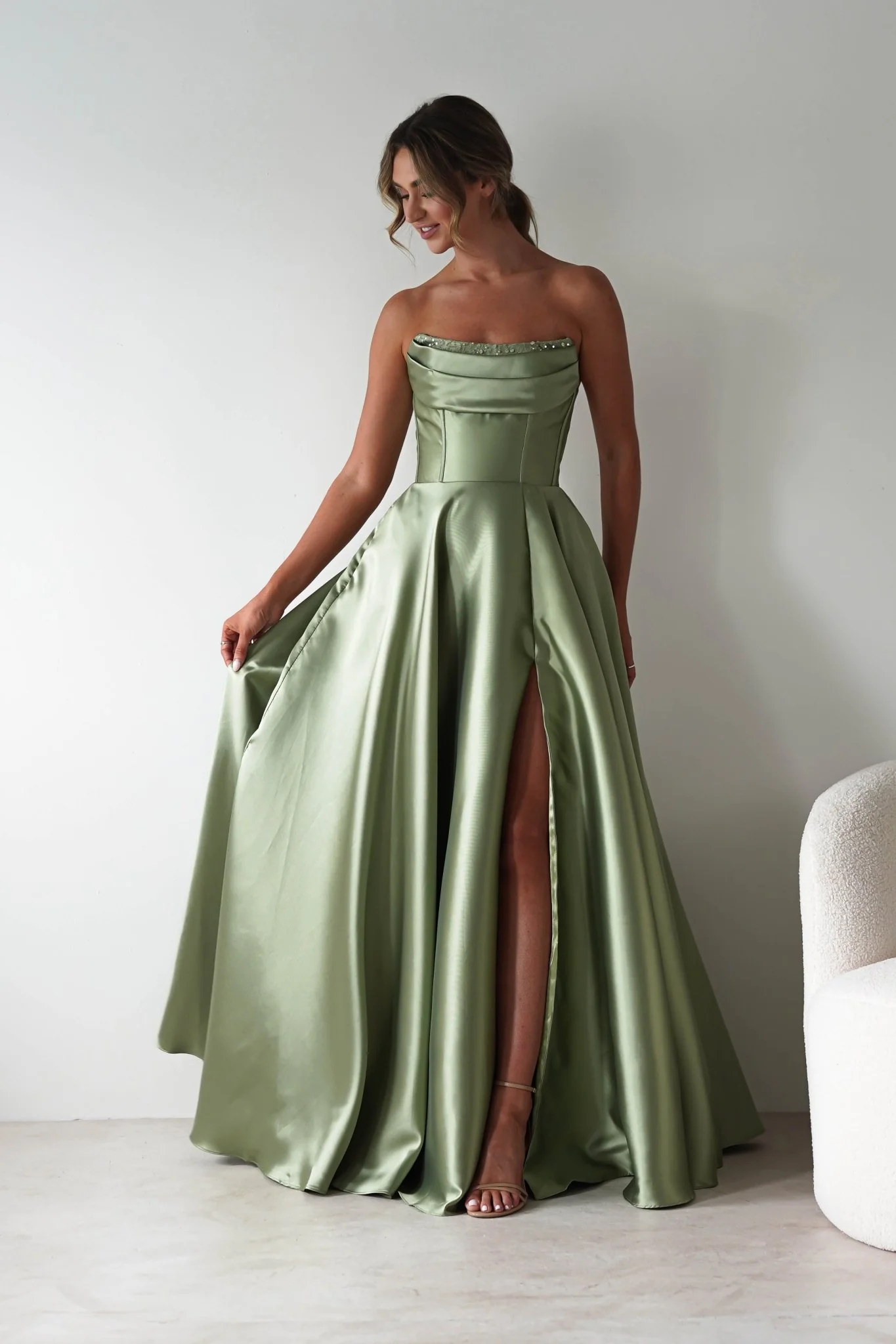 Elegant Sage Green Satin Strapless Cowl Neck Lace-Up Back A-Line Evening Dresses