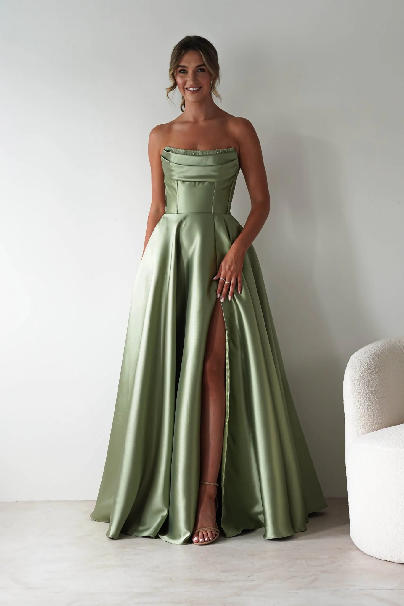 Elegant Sage Green Satin Strapless Cowl Neck Lace-Up Back A-Line Evening Dresses