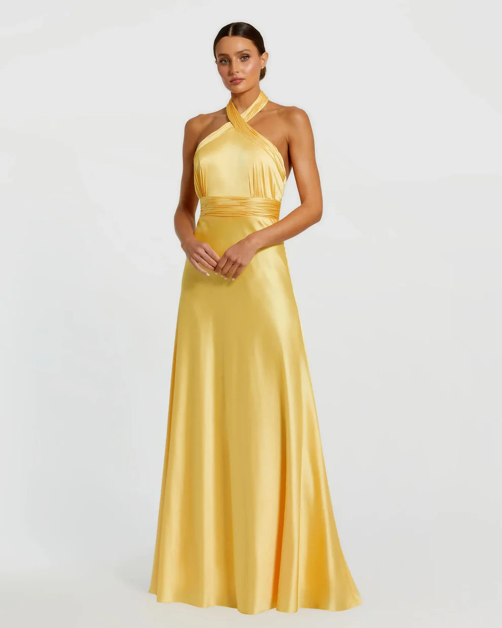 Elegant Satin A-Line Gown Halter Neck Sleeveless Zipper Back Floor-Length Evening Dresses