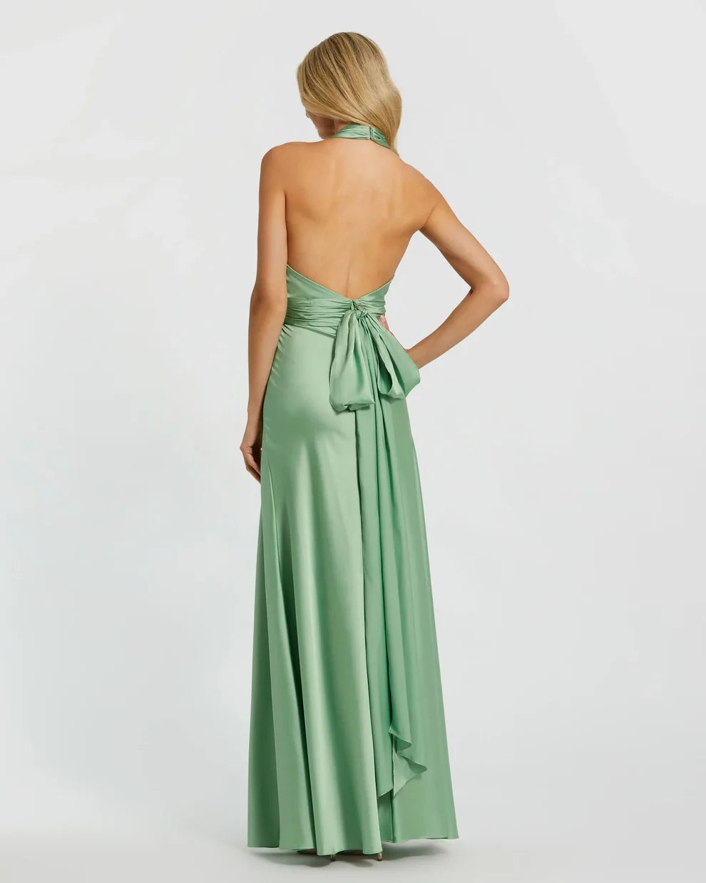 Elegant Satin A-Line Gown Halter Neck Sleeveless Zipper Back Floor-Length Evening Dresses
